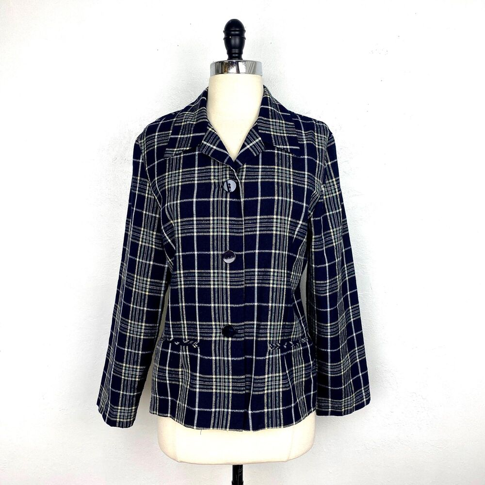 Vintage 80s Ship n Shore Jacket 10P Dark Blue Plaid Lightweight Long Sleeves